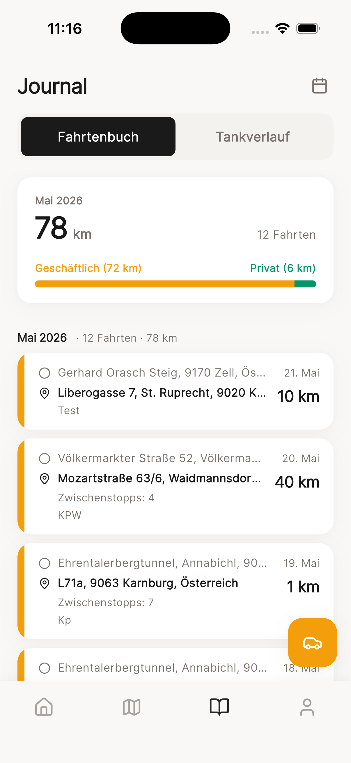 Spritbiene App mit digitalem Fahrtenbuch, Aufteilung geschäftlich und privat